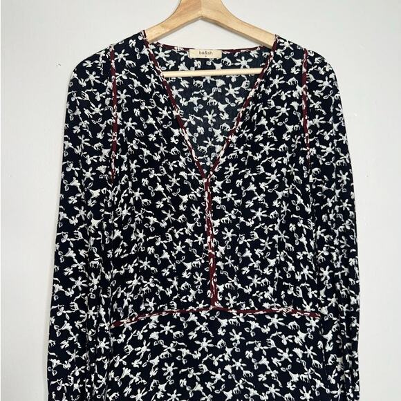 Ba&sh Catarina Mini Dress Black White Maroon Trim Size 6 Long Sleeve Boho - Picture 2 of 7